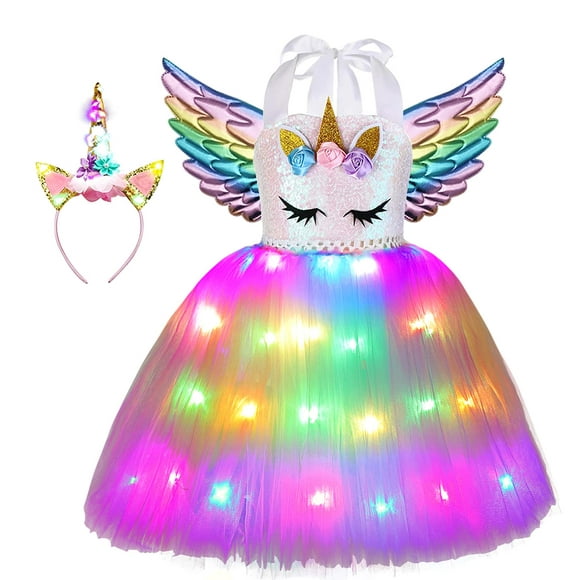Girls Unicorn Costume LED Light Up Ballerina Dress Up for Halloween Party 4T(95-105cm)