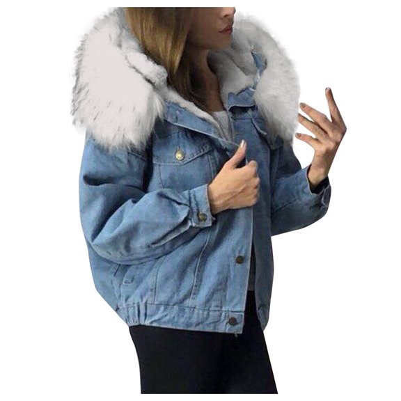 Women's Winter Lined Denim Overcoat with Hood Long Sleeve Thickened Jacket for Cold Weather Comfort and Pockets