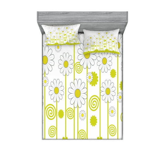Ambesonne Floral Fitted Sheet & Pillow Sham Set, Daisises Flowers Garden, Full, Yellow and White