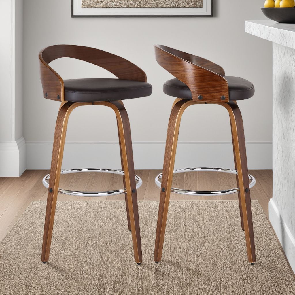 Sonia 26" Counter Height Swivel Brown Faux Leather and Walnut Wood Bar Stool - Set of 2