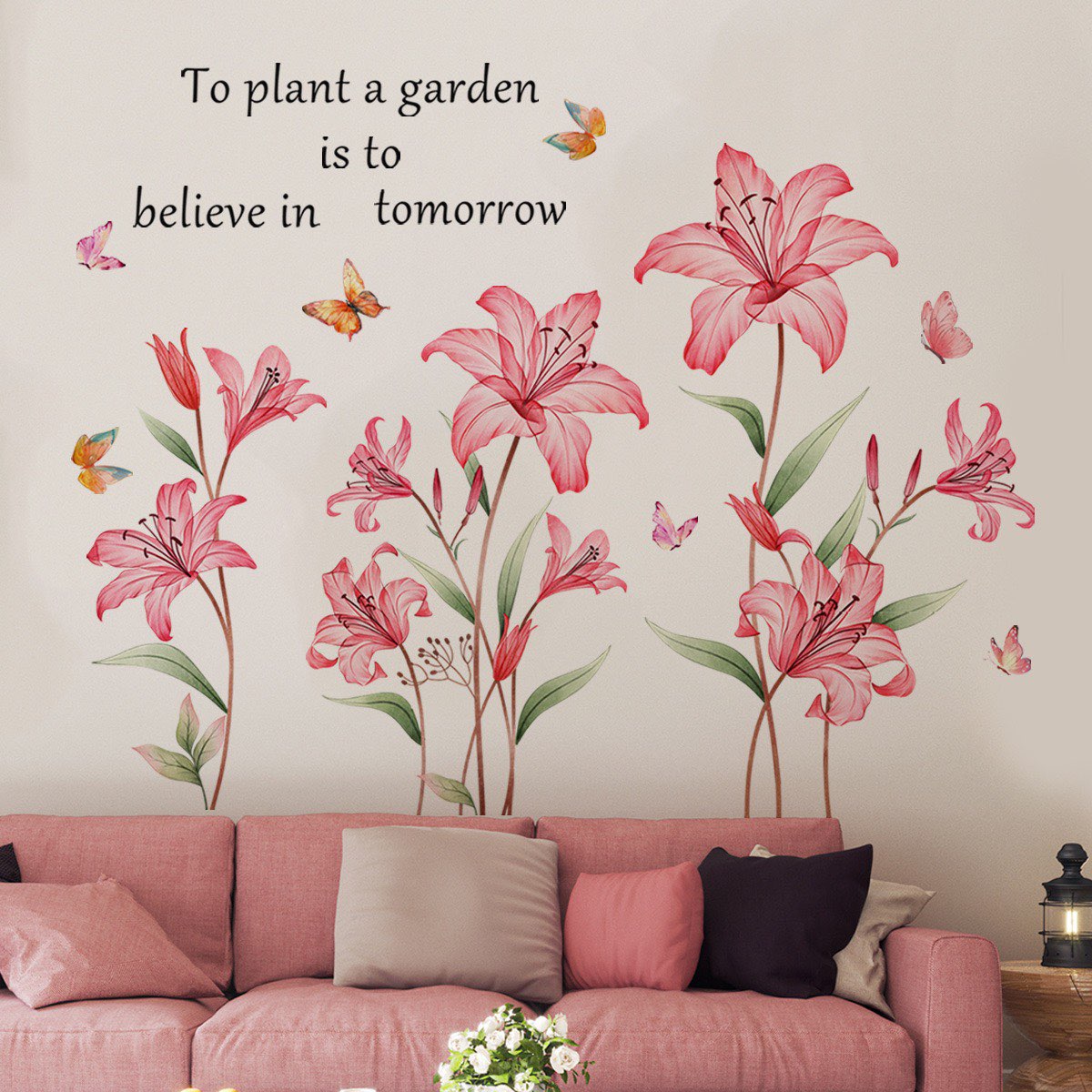 Large Lily Flower Wall Decals Pink Floral Butterfly DIY Peel and Stick Wall Stickers for Girls Bedroom Nursery Living Room Decor
