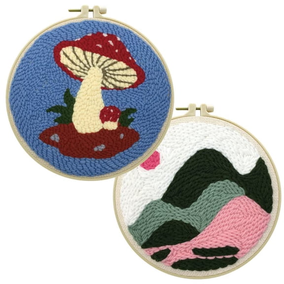 2 Pack Easy DIY Punch Needle Kits Embroidery Kits Set for Starter Kits with Stamped Color Pattern with Instruction,Yarn and Embroidery Wooden Handle Needle Pen (Mushroom & Mountains)