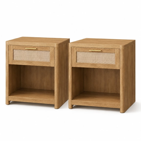 Boho Nightstands with Rattan-Look Drawer, Set of 2 Accent Side End Tables with Open Compartment, Rounded Corners, for Bedroom Bedside, Natural Brown