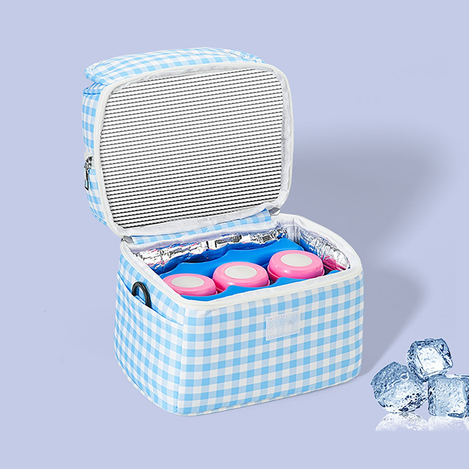 Insulated Breast Milk Cooler Bag with Checkered Pattern,Portable Mommy Backpack for Working Mothers,Temperature Control Lunch Bag for Outdoor and Commuting(Blue)