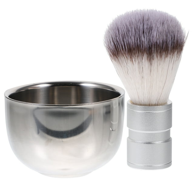 Brocha de afeitar de pelo de nailon con cuenco de afeitado de acero inoxidable de doble capa Color de taza al azar