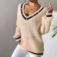 thumbnail image 1 of AherBiu Chandails à Col en V pour Femmes Manches Longues Patchwork Rayé Chandail Ample Léger Mode Automne 2024 Blouses, 1 of 6