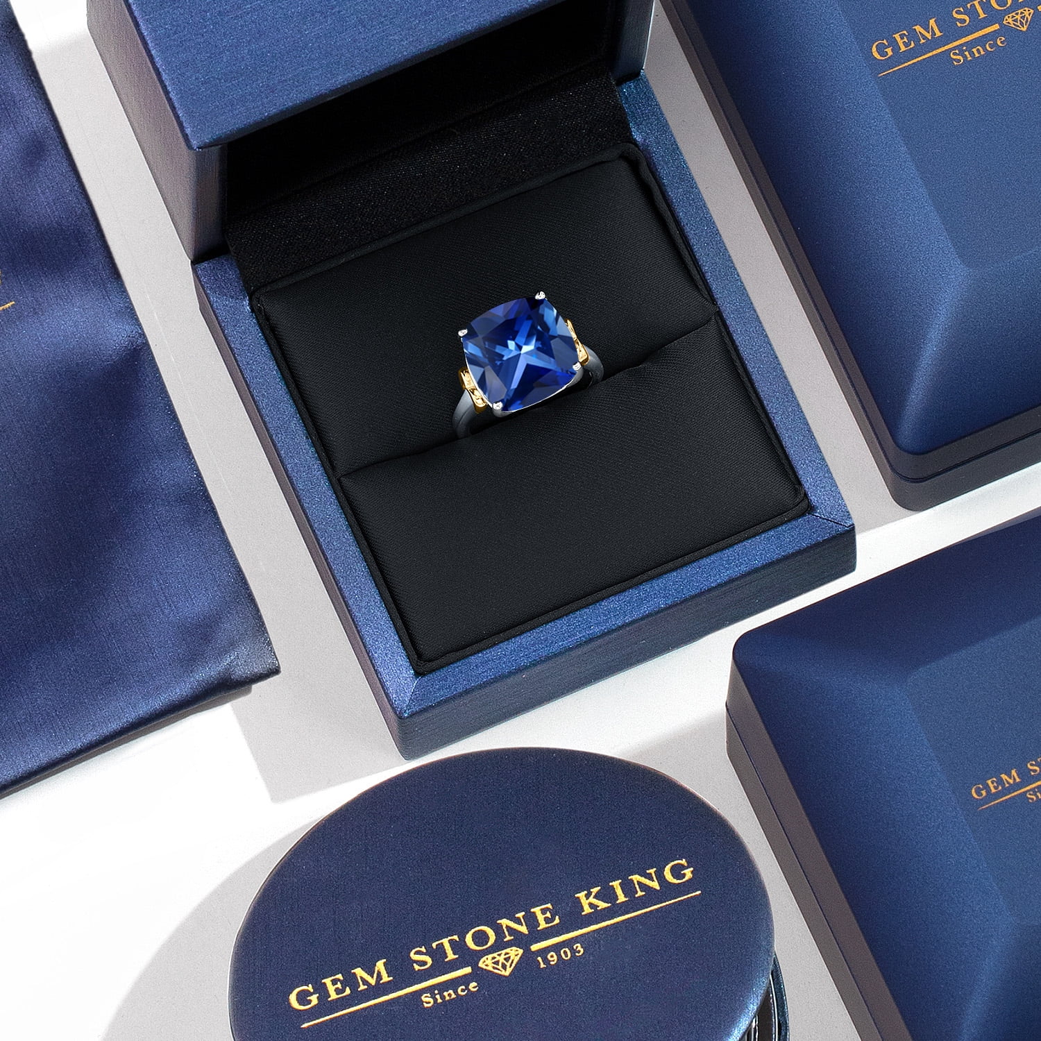 Gem Stone King 925 Silver and 10K Yellow Gold Blue Created Sapphire Solitaire Engagement Ring for Women | 8.50 Cttw | Cushion 12MM | Gemstone September Birthstone | Size 7