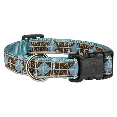 Country Brook Petz- Deluxe Blue & Brown Diamond Woven Ribbon on Ocean Blue Dog Collar Limited Edition - Small