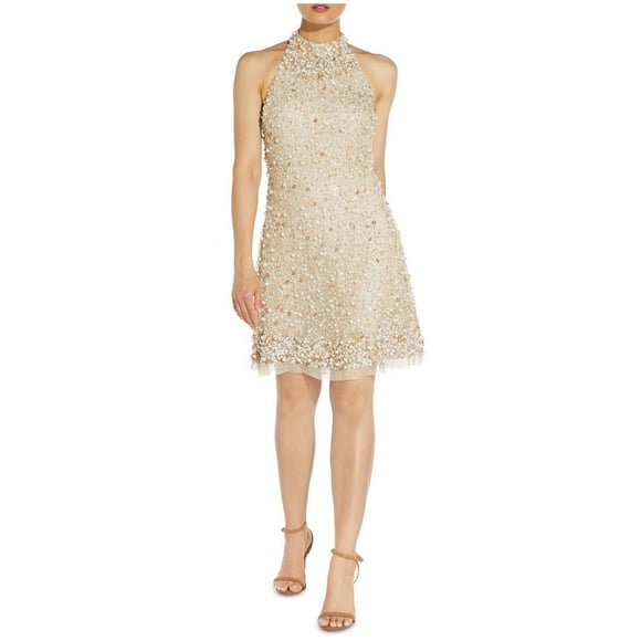 Adrianna Papell Robe de Soirée à Bretelles Perlées pour Femmes, Beige, 6
