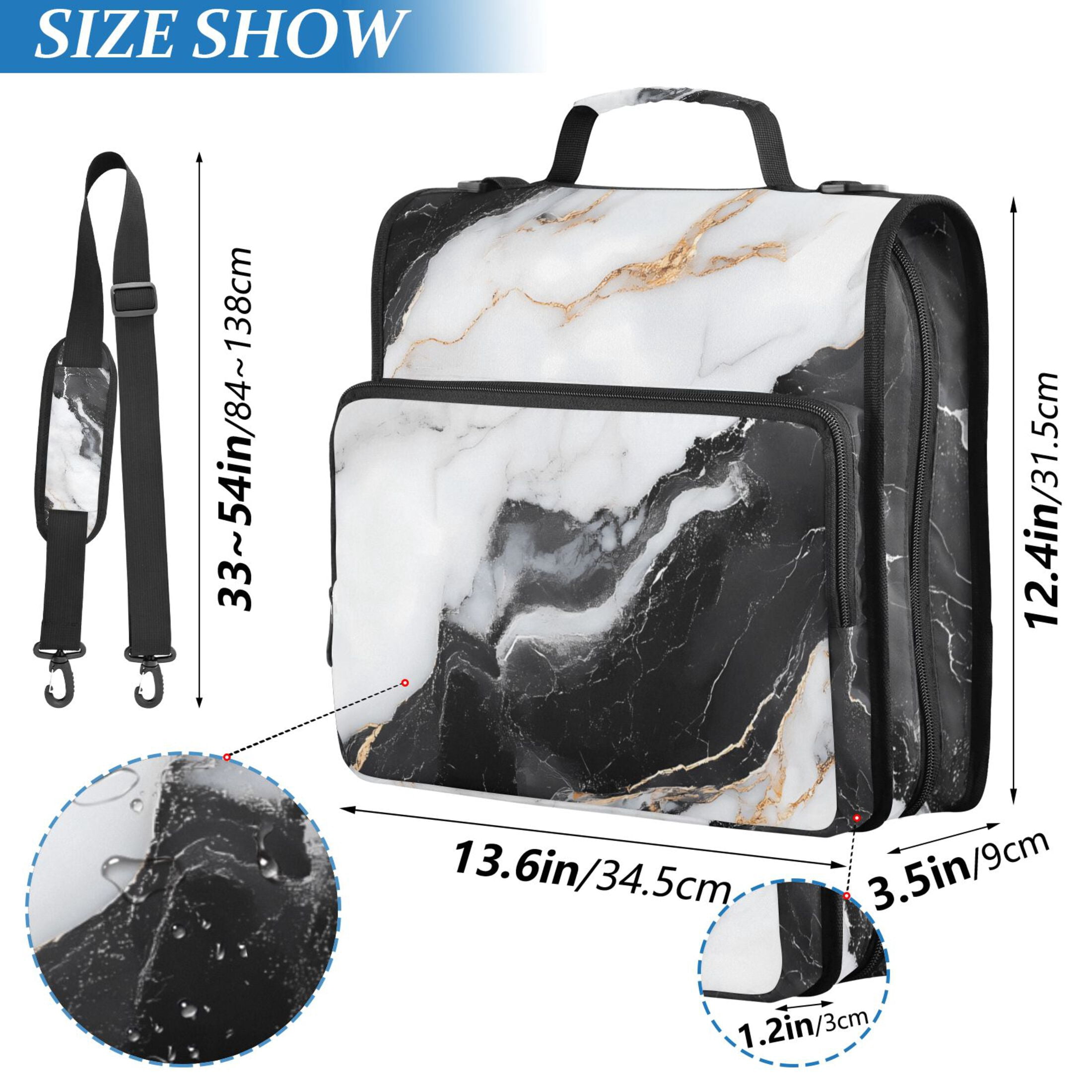 3 Ring Zipper Binder with Shoulder Strap Waterproof Trapper Keeper 2 Inch D-Ring 500 Sheets Capacity White Black Marble Texture