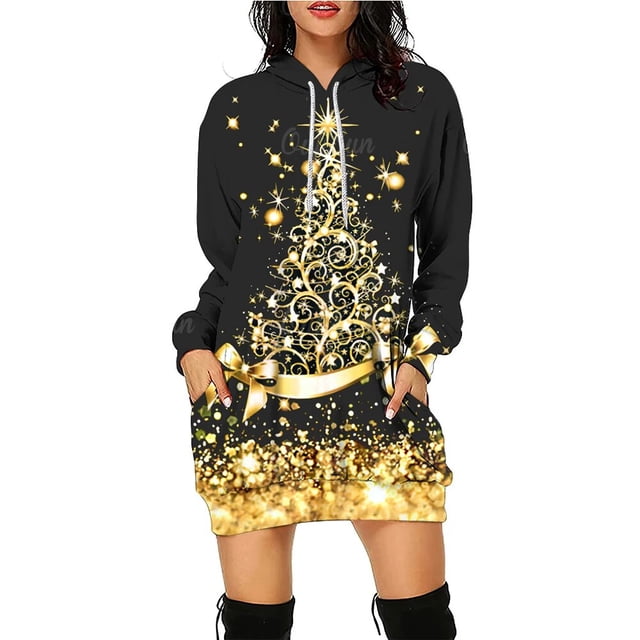 Vestido con capucha de árbol de Navidad para mujer, suéter de patrón divertido, ropa de fiesta de vacaciones de Navidad, falda de moda informal, Jersey, nuevo