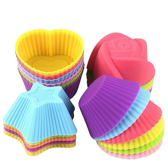 24 Pcs Reusable Silicone Cupcake Liners - 4 Shapes Nonstick Baking Cups (Round, Stars, Hearts, Flowers) | Dishwasher-Safe, Crumb-Free Release