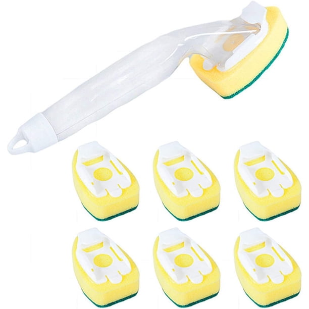Xiao Hua 1 mango y 7 cabezales de repuesto de esponja, recambio resistente para varilla de lavavajillas, almohadillas de cepillo antirayaduras para limpieza de fregaderos.