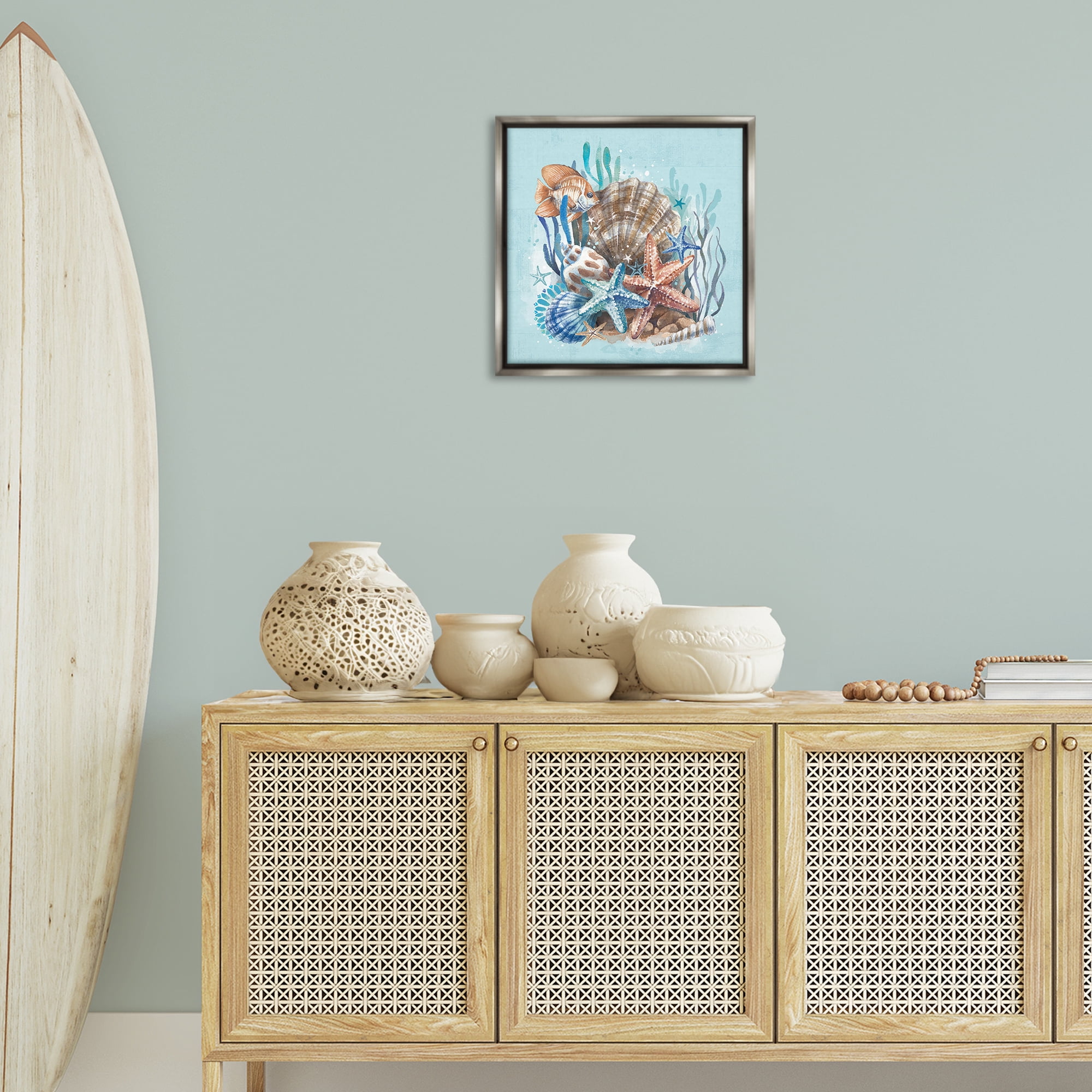 Stupell Industries Seashell Still Life Coastal Painting Gray Floater Framed Canvas Art Print Wall Art, 18 x 18