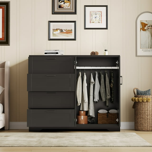 Commode Garde-Robe Moderne en Bois – 4 Tiroirs, Doubles Portes, Tringle, Armoire de Rangement – Organisateur de Garde-Robe de Chambre Robuste avec Poignées en Métal, Anti-Basculement – Grain de Bois Noir