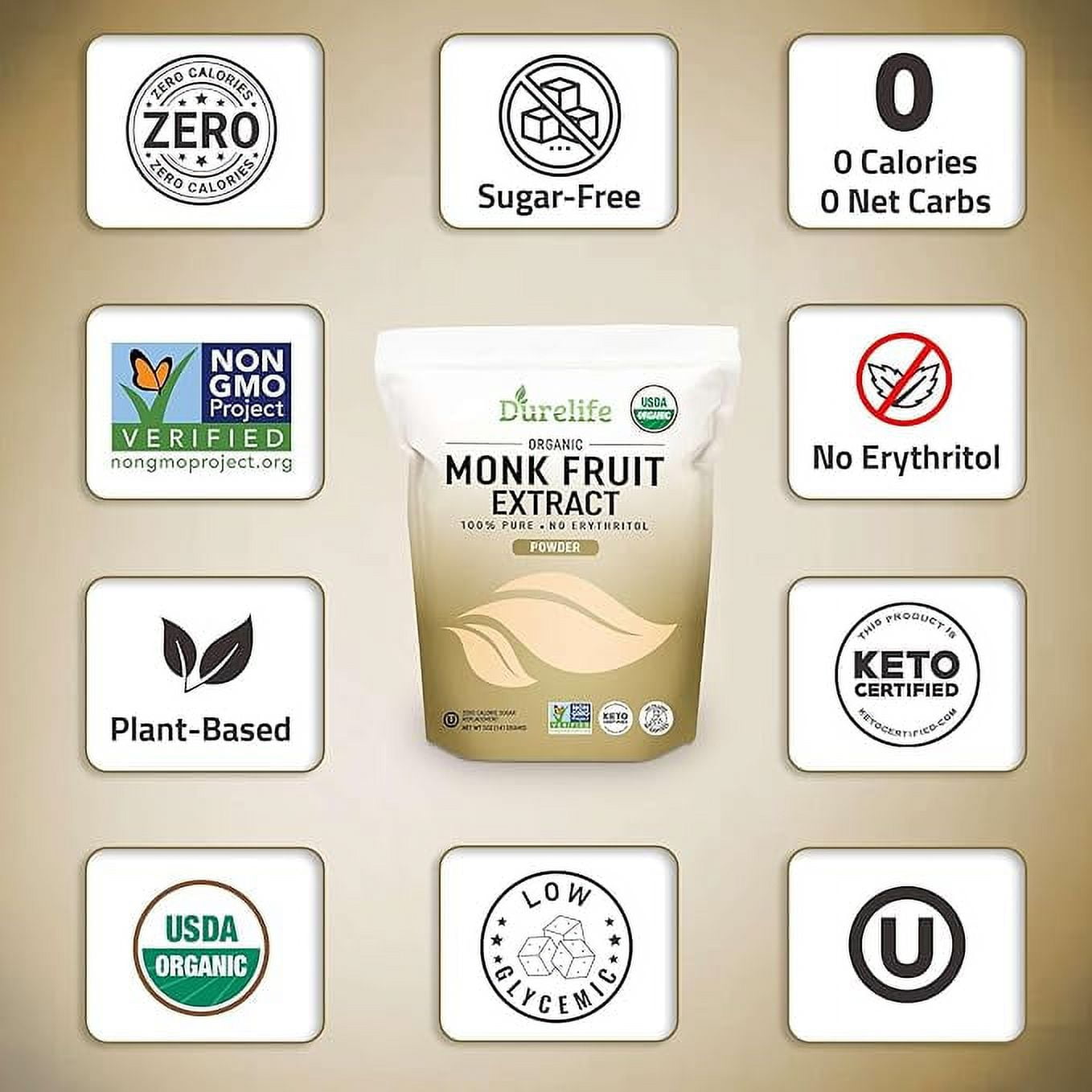 Durelife Organic 100% Pure Monk Fruit sweetener, No Erythritol, Monkfruit Extract Powder, USDA organic NON-GMO Project Verified, Keto Certified, OU kosher No Fillers Zero Calorie Sugar Substitute 5OZ