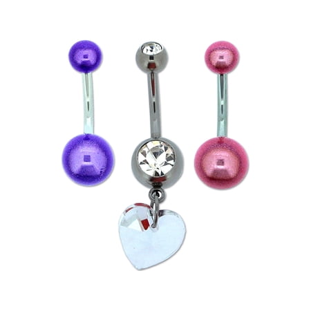 BODY JEWELRY Crystal Jeweled Belly Banana 3-Piece Set in Steel