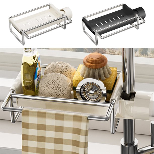 Estante organizador de esponja para fregadero de cocina | Jabonero para platos de acero inoxidable con toallero para encimera | Carrito de almacenamiento drenante multifuncional | Diseño compacto