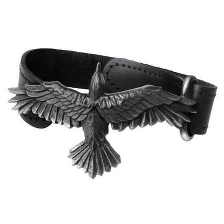 Pewter Slave Bracelet - Alchemy Raven Consort Wristband Odin Bird Spread Wing Leather Pewter Adjustable