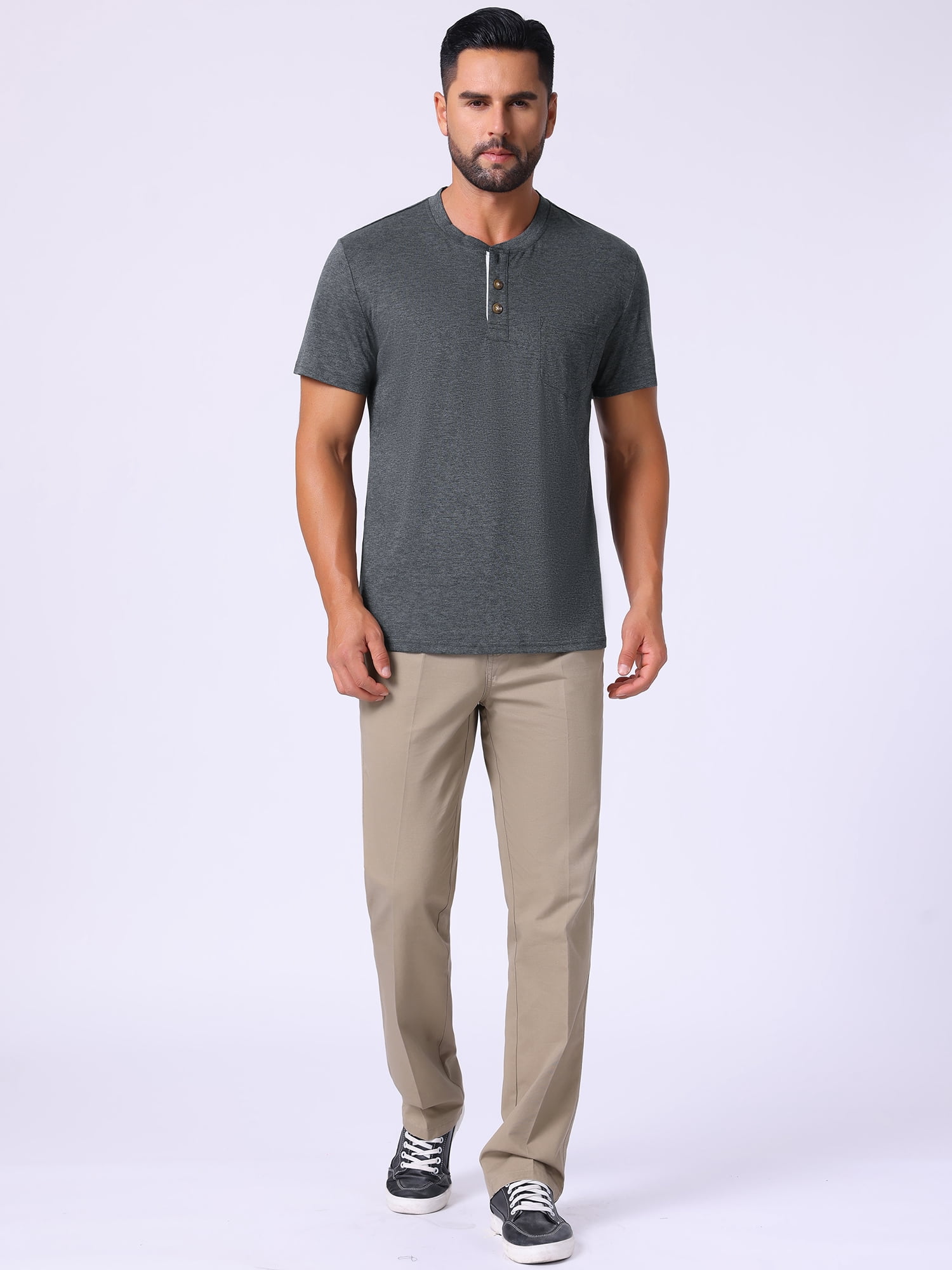 DARING DIVA Men's Casual Summer Short Sleeves Button Henley Basic Tee S Dark Gray