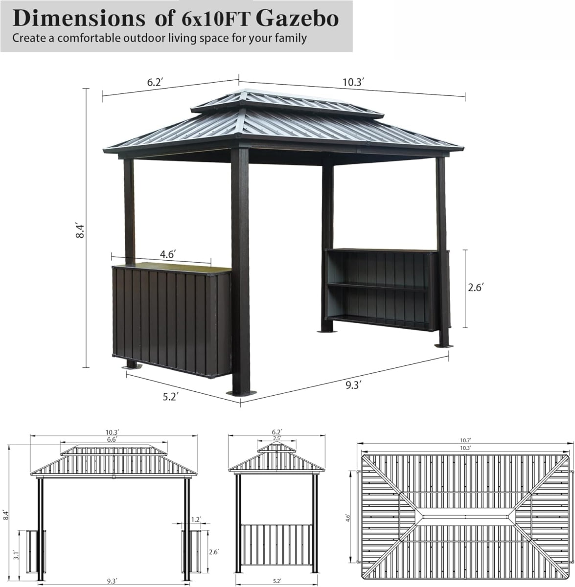 6x10 FT Shade Grill Gazebo, Outdoor BBQ Gazebo with Double Galvanized Steel Roof, Patio Grill Canopy with 2 Cabinets and Ceiling Hooks for Backyard, Lawn, Garden, Backyard, Brown