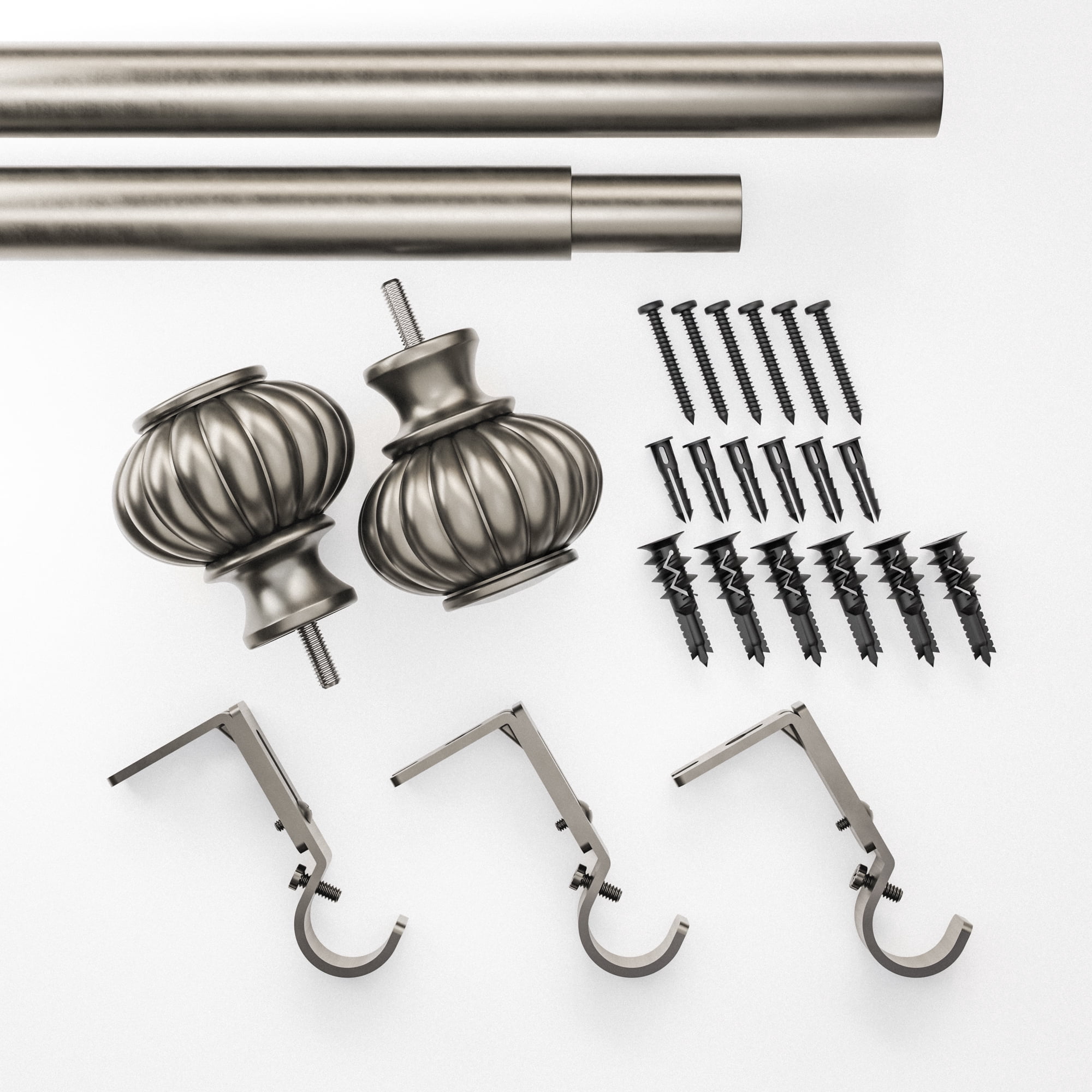 (2 pack) Better Homes & Gardens 1" Pewter Ribbed Knob Adjustable Single Curtain Rod Set, 42"-120"
