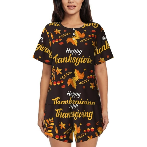 Rateoe Happy Thanksgiving 1 Pattern Women's Short-Sleeved Pajama Set - 2 Piece Soft and Lightweight Sleepwear Set-Medium