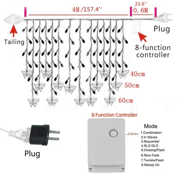 Butterfly Curtain Fairy Lights USB Plug in, 8 Modes LED Twinkle String Lights with Remote, Waterproof Copper Wire for Room, Bedroom, Party, Wedding, Holiday, Christmas Decoration
