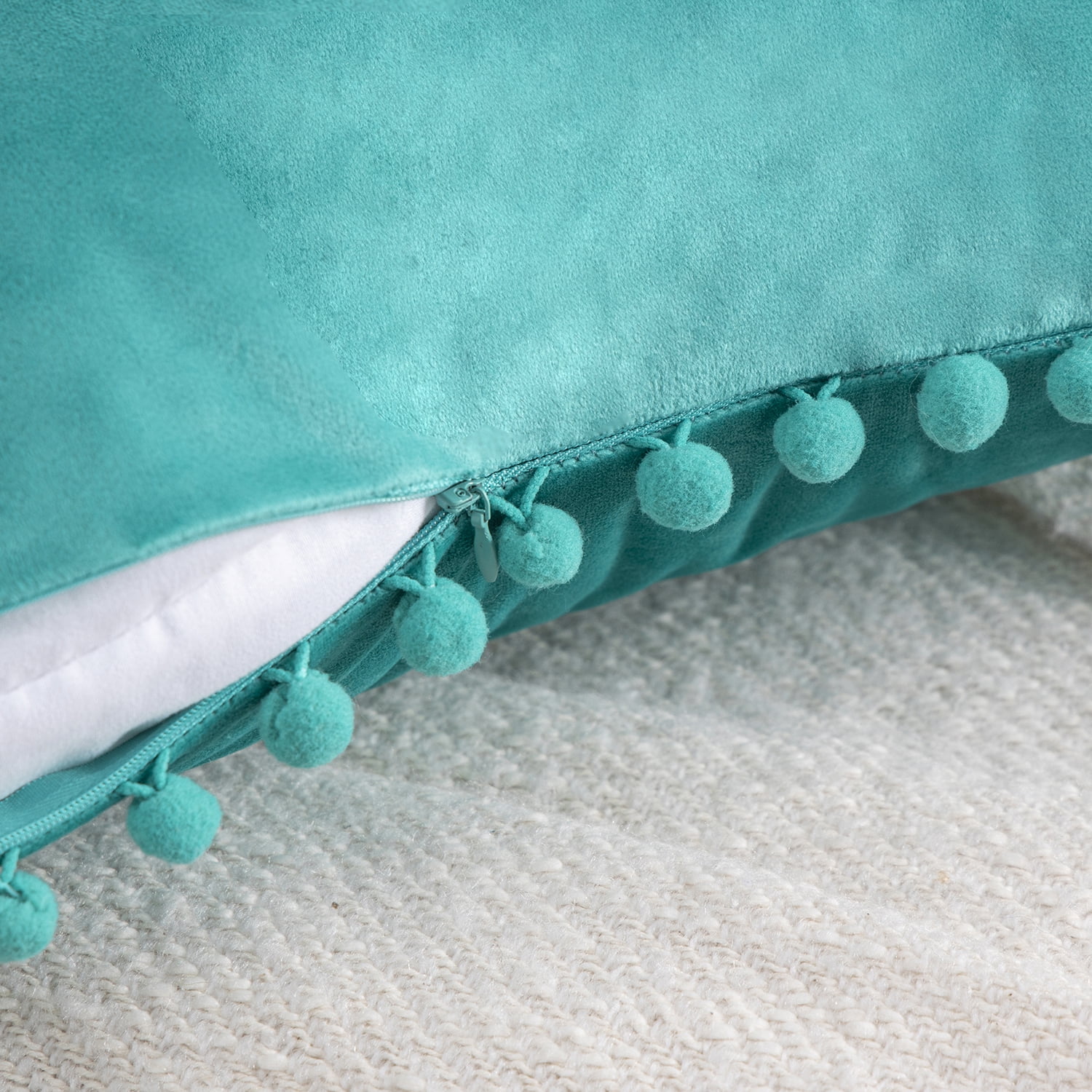 Phantoscope Velvet Series Pom Pom Square Decorative Throw Pillow, 18" x 18", Turquoise, 1 Pack