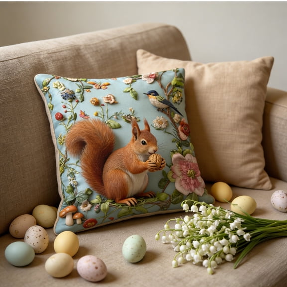 Easter Forest Animals Throw Pillow Covers 18x18,Easter Squirrel Pillow Covers,Floral Throw Pillow Cases, Spring Decorative Farmhouse Decor Farmhouse Decorative Cushions for Sofa Couch Bed Home Decor