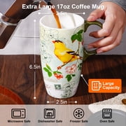 Topadorn Vintage Goldfinch Botanical Ceramic Travel Mug, 17oz, Bird & Floral Print, Spill-Resistant Lid, Microwave & Dishwasher Safe, Gift Boxed