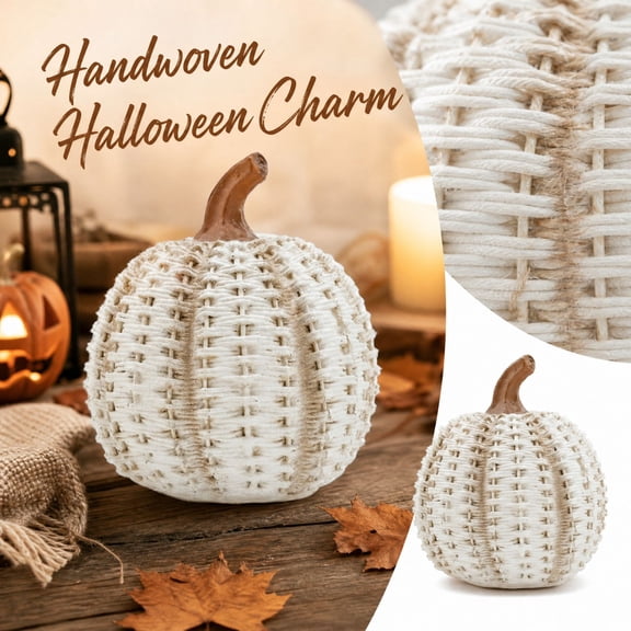 Home & Kitchen Seasonal Decor, White Pumpkin Decor, Farmhouse Living Room Decor, Indoor Halloween Table Decorations, 7X6X6 Inch Woven Pattern Cream Textured Ceramic Pumpkin