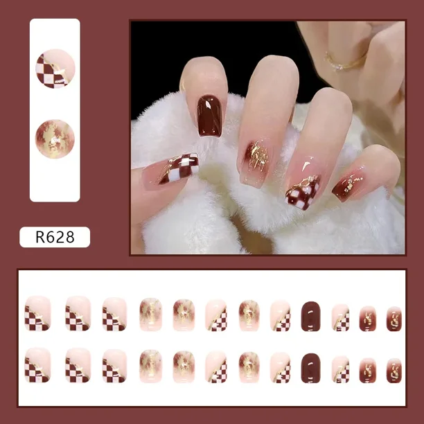 Heallor-Juego de uñas postizas acrílicas reutilizables, 24 piezas, esmalte de uñas oscuro, puntas artísticas artificiales