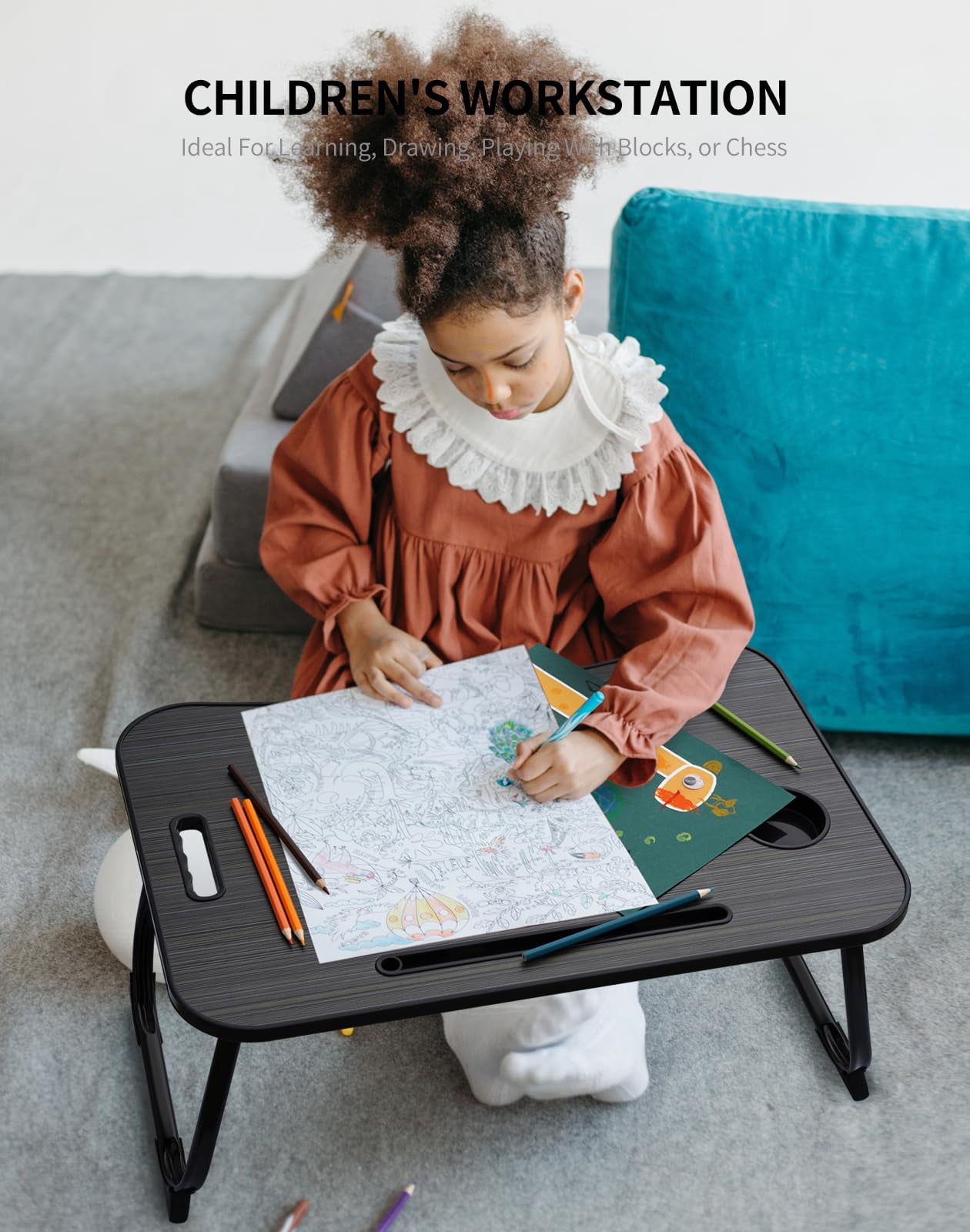 Laptop Bed Desk  Foldable Lap Portable Table Stand With Cup Holder & Tablet Slot Lifting Handle For Working Writing Drawing Eating - Dark Black