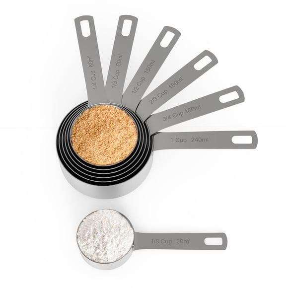 Chef Pomodoro Stainless Steel Measuring Cup Set, Nested and Stackable with 7 Pieces, Sturdy Extra-L