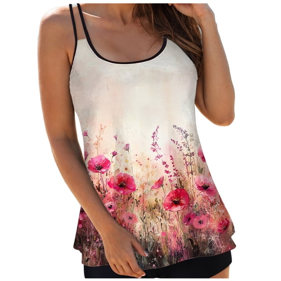 idosla Tankini Tops for Women Swimwear Tummy Control Modest Loose Fit Print Tankini Tops Vacation Holiday Bathing Suit Top No Bottom (Hot Pink, S)