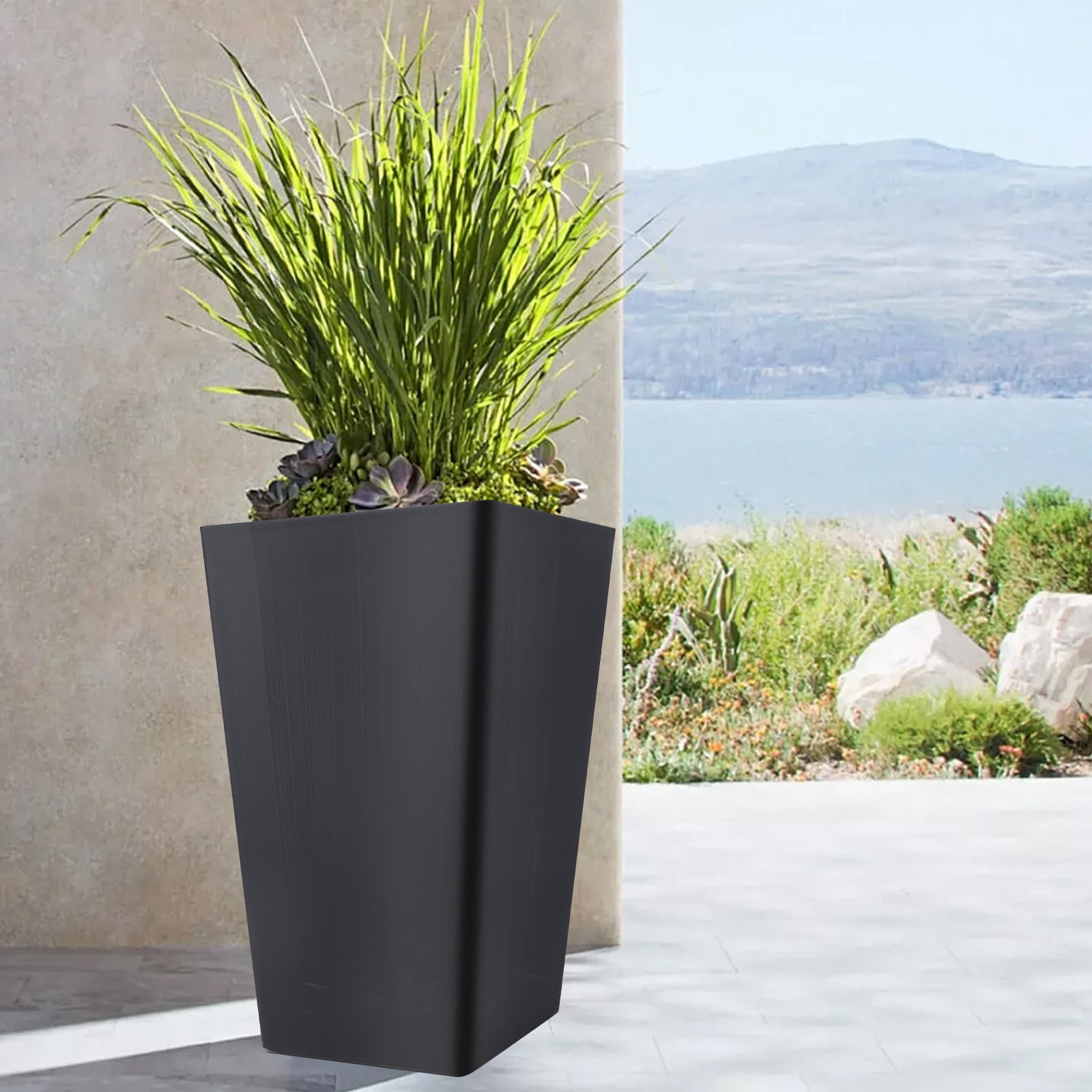 FOUKUS Tall Planters for Outdoor Plants Set of 2 - 18.3 Inch Black Plastic Planter Pots with Drainage Mesh Pads & Removable Shelf - Front Porch, Patio, Garden, Indoor Decor