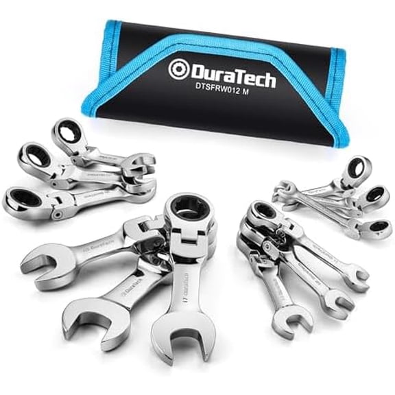 Stubby Flex-head Ratcheting Combination Wrench Set, Metric, 12-piece, 8-19mm, CR-V Steel, with Pouch$$Tools & Hardware Other