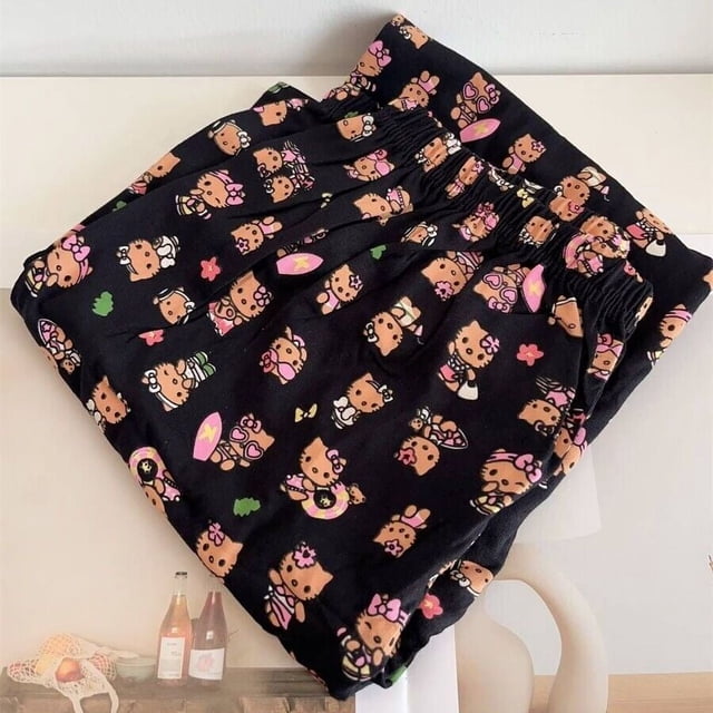 Pantalones casuales con estampado de Hello Kitty de Sanrio, pantalones rectos holgados con forro de felpa y dibujos animados a la moda, pantalones negros bonitos Y2k para mujer