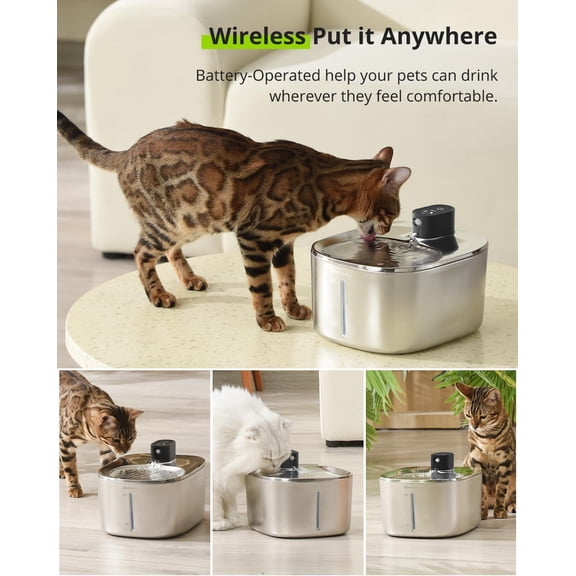 APETDOLA Wireless Cat Water Fountain Stainless Steel, 135oz Battery Operated Cordless Pet Dispenser for Cats Dogs