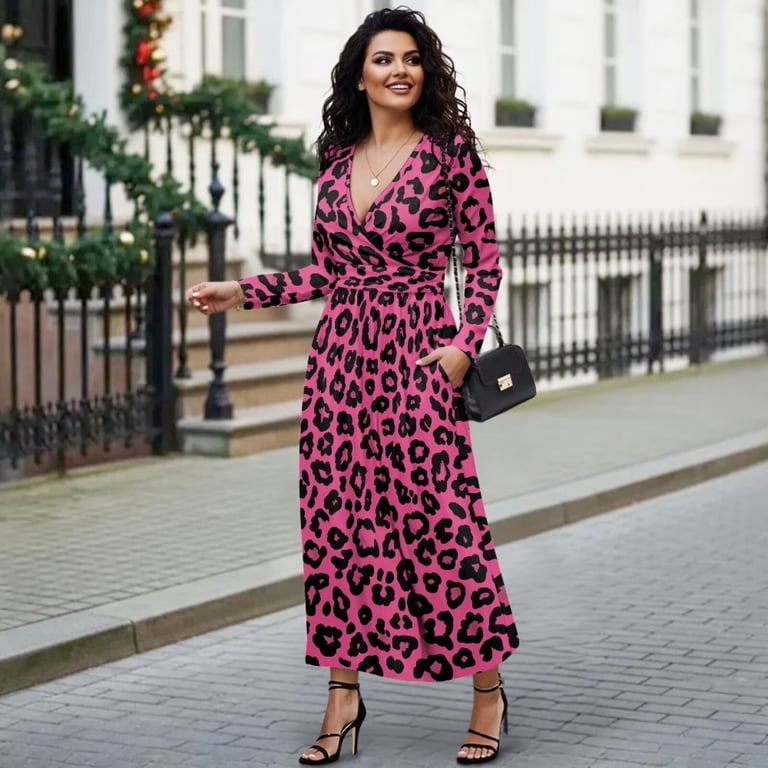 winter leopard dress Fkelyi Womens Fall Maxi Pink Print V-Neck Long Sleeve Casual Dress with Pocket A-Line Flowy Tiered Dresses for Spring Winter, 3XL 95% Polyester black & gold Daughter's First Birthday Outfit Colour:Canary