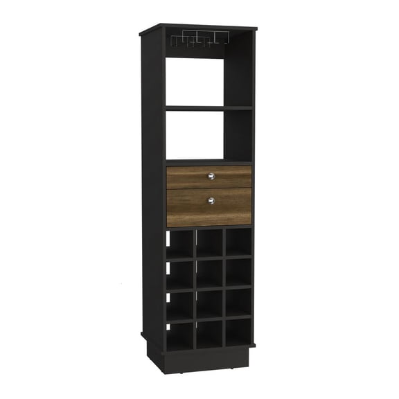 Depot E-Shop Zircon Bar Cabinet With 2 Drawers, 12 Wine Cubbies, Open Shelf, And Rack, Black/ Walnut