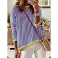 thumbnail image 2 of Womens Sweaters Long Sleeve Crew Neck Color Block Striped Casual Knitted Pullover Tops Pink Blue M, 2 of 7