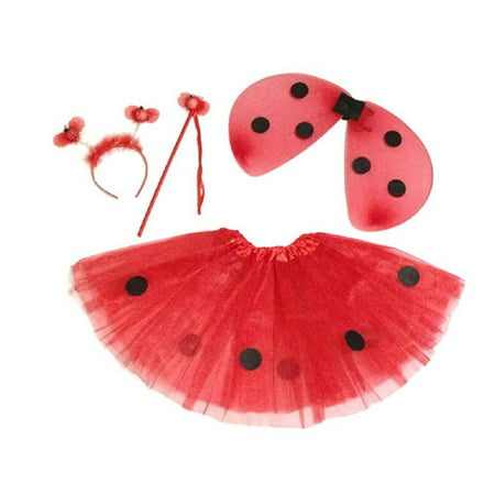 KWC - 4 pcs Ladybug Costume Set - Wings, Tutu, Antennas Headband and Wand
