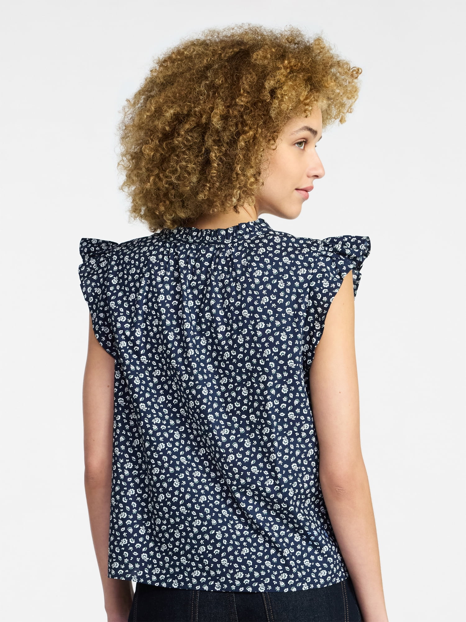 Time and Tru Women's Cotton Split Neck Top with Flutter Sleeves, Sizes XS-XXXL