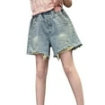 thumbnail image 2 of MKOSPLRT Girl's Ripped Tassle Hem Denim Shorts High Waisted Straight Leg Summer Jeans Shorts Distressed Jeans with Pocket 4-14 Years, 2 of 9