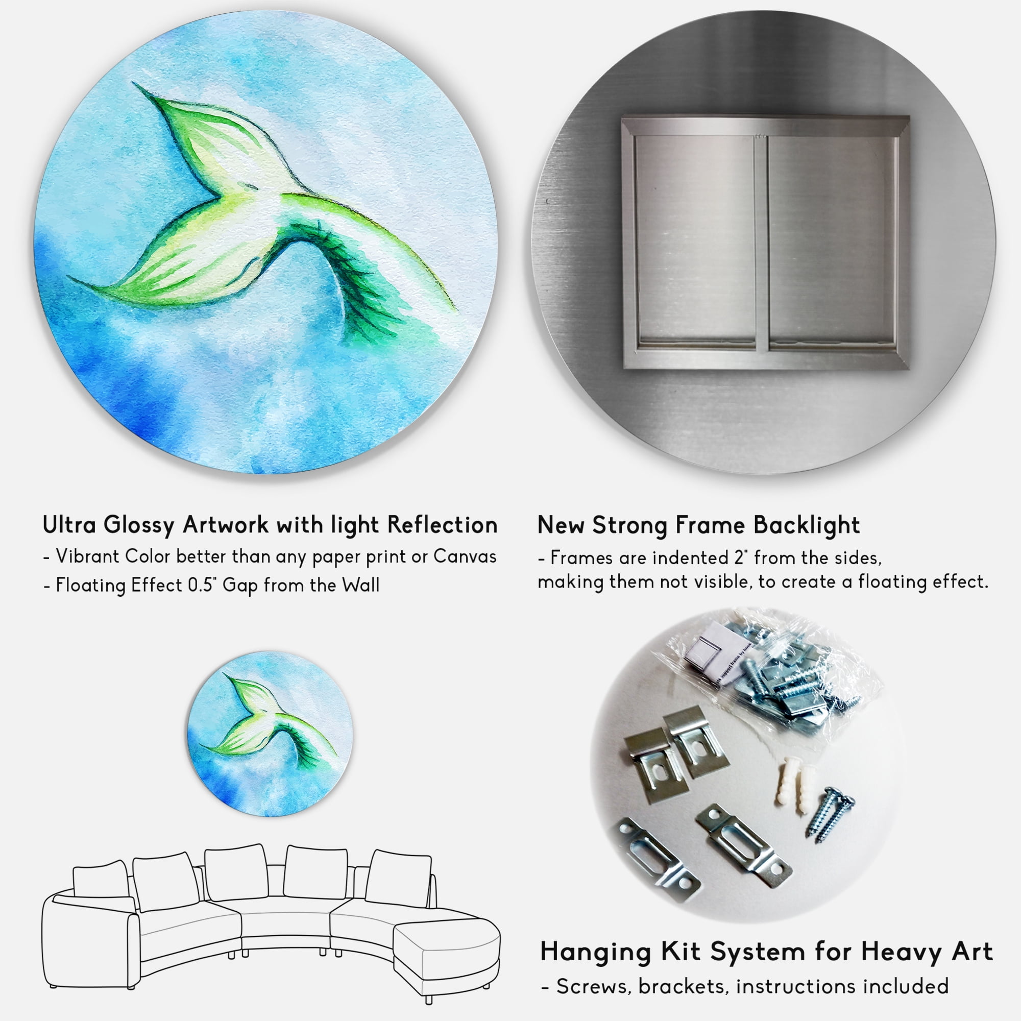 Designart 'Mermaid Green Fish Tail' Nautical & Coastal Circle Metal Wall Art 36x36 - Disc of 36