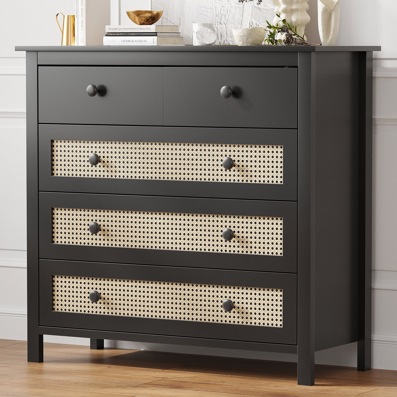 Aukfa 4 Drawer Dresser with Rattan Doors, Modern Boho Storage Cabinet Wooden Chest of Drawers for Bedroom, Living Room, Walnut