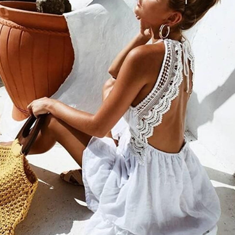 FAROOT Women Dress Sling Solid Color Deep V Neck Floral Lace Backless Dress Walmart