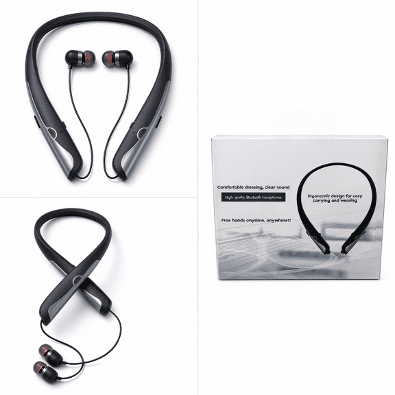 Retractable Neckband Bluetooth Headphones, Wireless Stereo Earbuds with Mic, Bluetooth Headset Noise Cancelling, Neckband Bluetooth Earphones for Office Meetings, Travel and Daily Commuting, Black